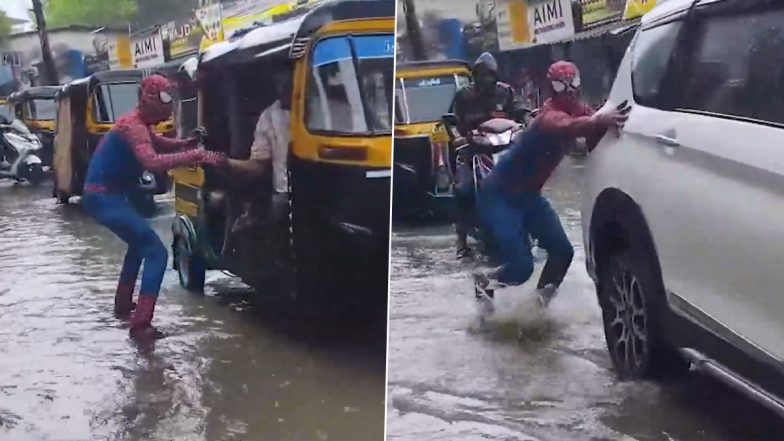 Spiderman Steps In As Heavy Rains Flood Bhiwandi Roads, Hidden Potholes Trap Vehicles (Watch Video)