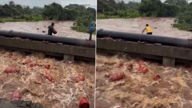 Raigad Floods: 3,000 LPG Cylinders Swept Into Patalganga River; Public Urged to Stay Away (Watch Video)
