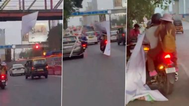 Thane Viral Video: Birthday Banner Falls on Moving Biker at Teen Hath Naka, Narrow Escape Caught on Camera