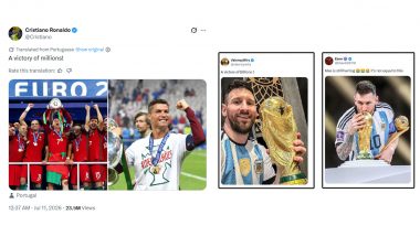 Netizens Flood Cristiano Ronaldo&rsquo;s UEFA Euro Anniversary Post with Images of Lionel Messi Holding FIFA World Cup 2022 Trophy