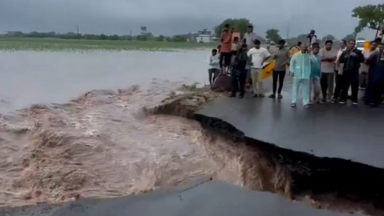 Amreli Highway Collapses As Heavy Monsoon Rains Trigger Flooding Across Gujarat (Viral Video)