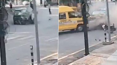 Bilaspur Accident Video: Speeding Car Hurls 16-Year-Old Scooty Rider Into Air Before Crashing Into School Bus, Teen Dies
