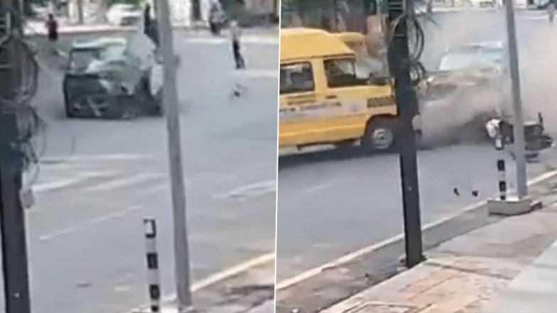 Bilaspur Accident Video: Speeding Car Hurls 16-Year-Old Scooty Rider Into Air Before Crashing Into School Bus, Teen Dies