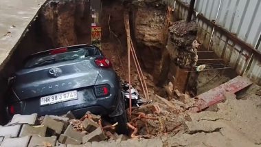 Ghaziabad: Car, Scooter Fall Into Massive Ditch as Road Caves In Near Atal Chowk After Heavy Rain (Watch)