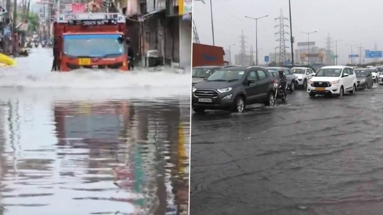 Delhi-NCR Rain Paralyses City: Waterlogging, Traffic Chaos and Trees Collapse as IMD Issues Red Alert (Watch Videos)