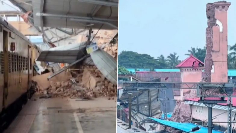 Kozhikode Railway Station Clock Tower Collapse: Century-Old Structure Crashes Onto Platform, Train Services Hit (Watch)