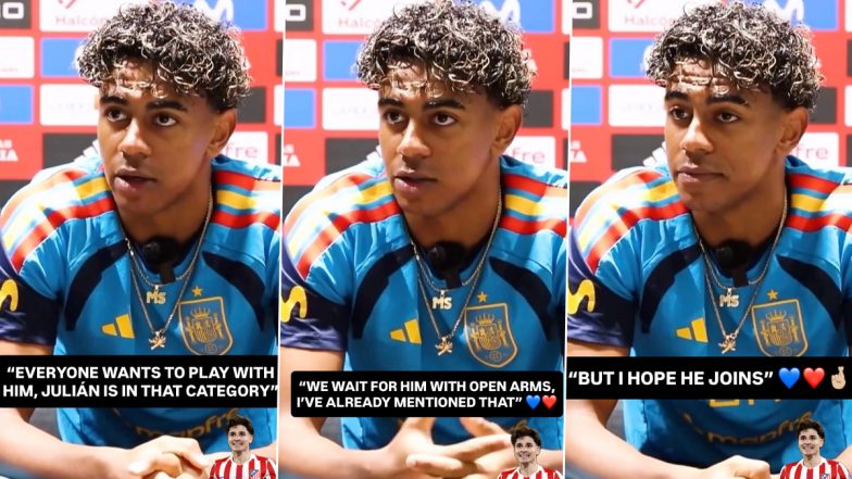 &lsquo;I Hope He Joins&rsquo;, Lamine Yamal Welcomes Potential Barcelona Transfer for Argentina and Atletico Madrid Star Julian Alvarez (Watch Video)