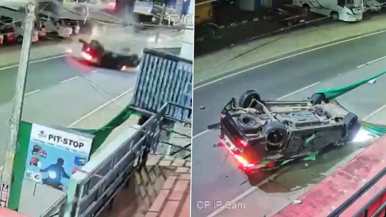 Kerala Car Turns Turtle After Violent Crash in Kasaragod, Airbags Pull Off a Miracle (Video)