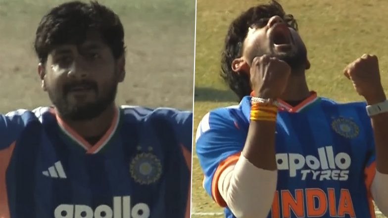 Debutant Yash Thakur Passionately Celebrates His Maiden International Wicket For India After Dismissing Brian Bennett in IND vs ZIM 2nd T20I (Watch Video)
