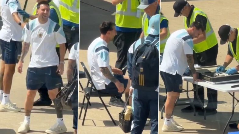 Lionel Messi Reacts During Argentina's Metal Detector Security Check in Miami Ahead Of FIFA World Cup 2026 Match (Watch Video)
