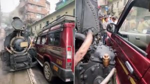 social-viral-Darjeeling Toy Train Hits Parked Taxi, Driver Claims Train Was on the ‘Wrong Side’; Video Goes Viral