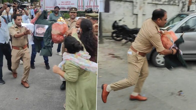 Viral Video: Kangana Ranaut Effigy Burning Attempt Foiled as UP Cop Dashes Away With It