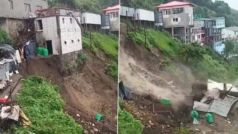 Landslide Hits NH-707A in Uttarakhand's Tehri Garhwal; Vacant Building Collapses (Watch Video)
