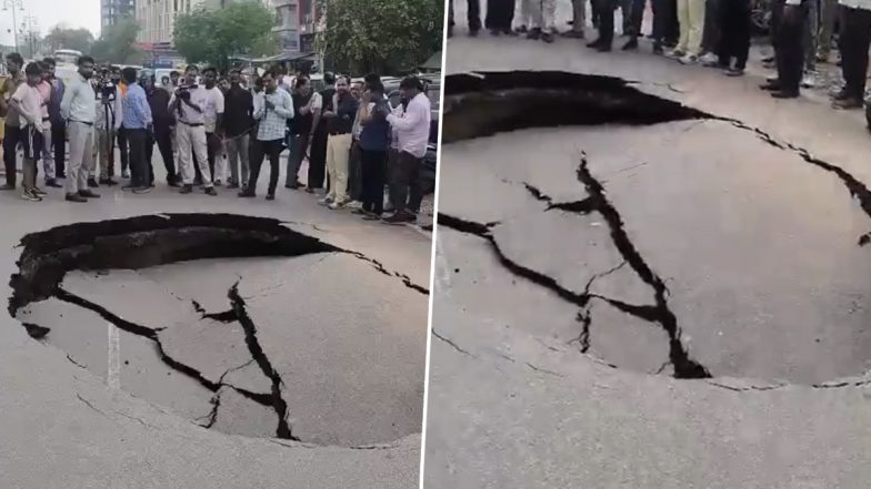 Jaipur Road Cave-In Video: 20-Foot-Wide Sinkhole Opens on Tonk Road After Rain, Traffic Disrupted