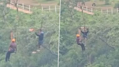 Viral Video Shows Tourist Hanging Mid-Air Over 3,500-Foot Gorge After Zipline Malfunction in Maharashtra