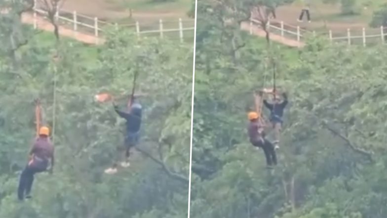 Viral Video Shows Tourist Hanging Mid-Air Over 3,500-Foot Gorge After Zipline Malfunction in Maharashtra