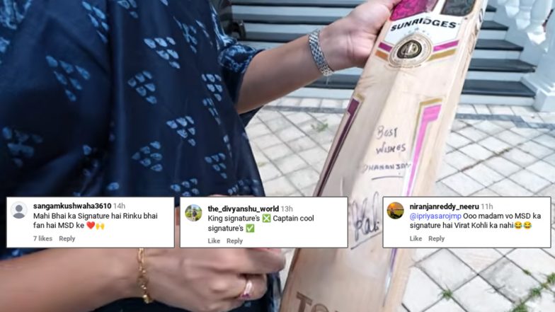 Rinku Singh's Fiancee Priya Saroj Mistakes MS Dhoni's Signature as Virat Kohli's Autograph on Bat (Watch Video)