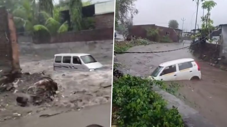 Maharashtra Rains: Flash Flood Sweeps Away 2 Cars in Vasai, Driver Escapes Moments Before (Watch)
