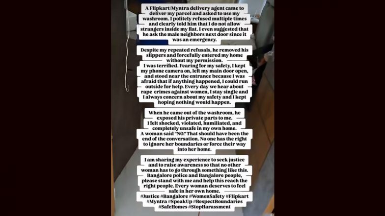 Bengaluru: Woman Says Flipkart Myntra Delivery Agent Barged Into Home To Use Toilet, Flashed Her (Video)