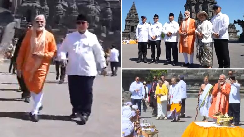 PM Narendra Modi Offers Prayers at Indonesia's 1,000-Year-Old Prambanan Temple (Watch Videos)