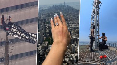 Empire State Building Proposal Stunt: Couple Scales 1,454-Foot Antenna, Unfurls Peace Banner, Arrested (Watch Videos)