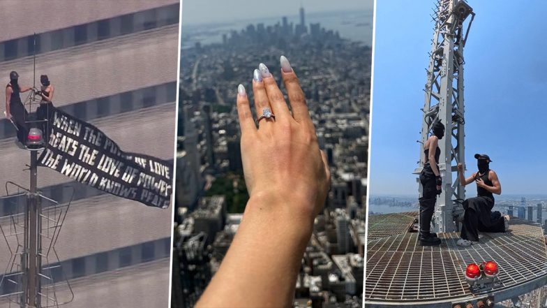 Empire State Building Proposal Stunt: Couple Scales 1,454-Foot Antenna, Unfurls Peace Banner, Arrested (Watch Videos)