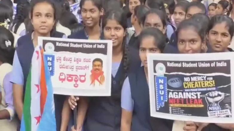 India News | Karnataka: Massive Student Protest Against NEET Paper Leak in Mandya, NSUI Demands Dharmendra Pradhan's Resignation
