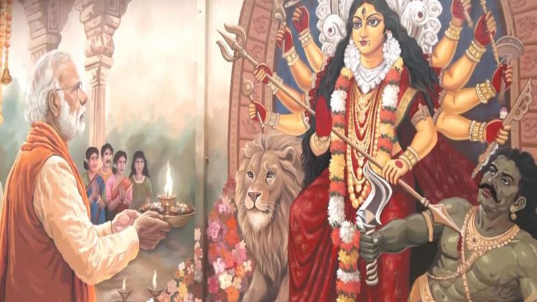 India News | Kolkata's Chorbagan Sarbojonin Durga Puja Committee Unveils Wall Mural of PM Modi Performing Aarti