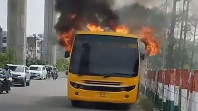India News | Ghaziabad: Fire Breaks out in School Bus Brought for Maintenance; No Casualties