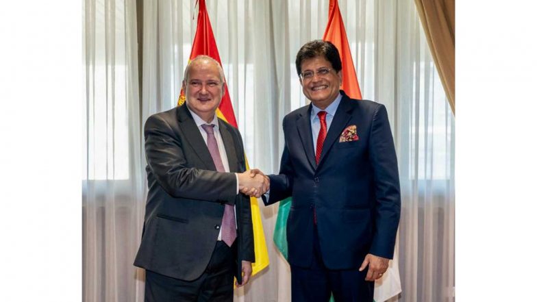 Business News | Piyush Goyal Meets Spanish Industry and Tourism Minister Jordi Hereu to Strengthen Bilateral Trade, Investment and Manufacturing Ties