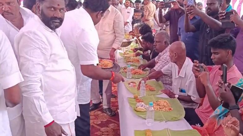 Entertainment News | Tamil Nadu Ministers Serve Biryani, Distribute Saplings as Fans Celebrate Release of CM Vijay's Final Film 'Jana Nayagan' in Kanchipuram