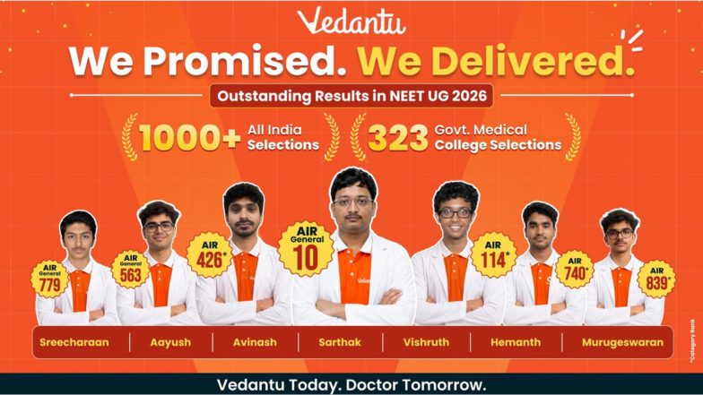 Business News | Vedantu's NEET UG 2026 Success: 1000+ Future Doctors, 323+ Government MBBS Seats, AIR 10 (General) Leads the Way