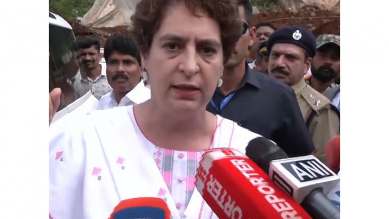 India News | Priyanka Gandhi Vadra Visits Wayanad Landslide Site in Kalladi, Takes Stock of Situation