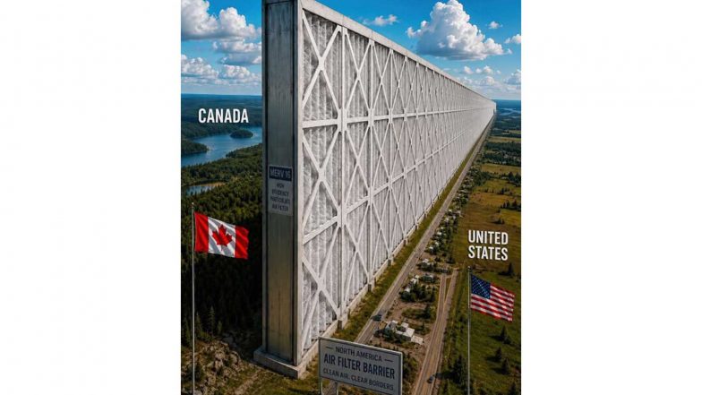 World News | Trump Posts AI Image of Giant Air Filter at US-Canada Border Amid Wildfire Smoke Row