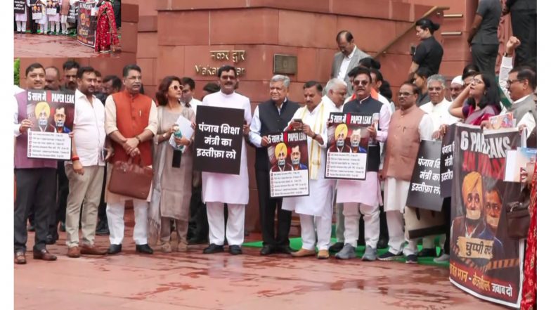 India News | BJP MPs Hold Protest in Parliament Premises Demanding Punjab Education Minister's Resignation