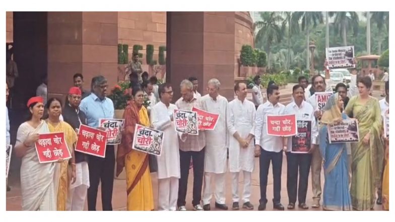 India News | Monsoon Session: Opposition MPs Protest in Parliament over Police Action on Student Protesters, Alleged Ram Temple Donation Embezzlement