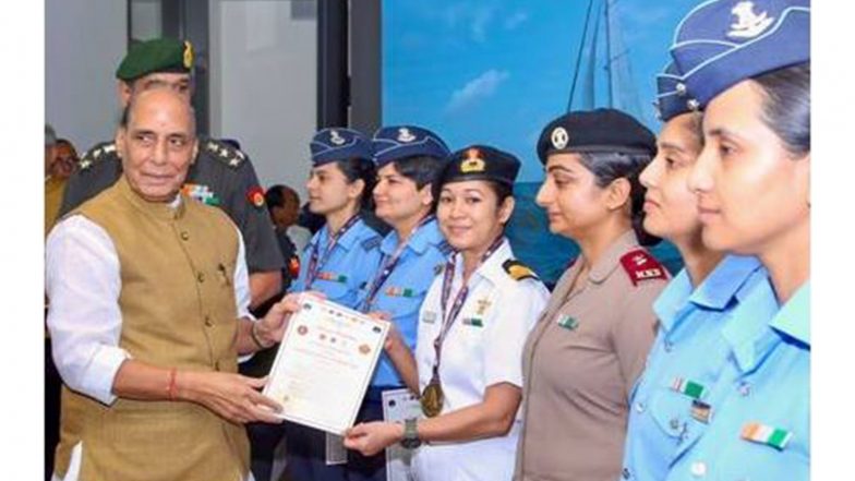 India News | Rajnath Singh Felicitates Crew of IASV Triveni for Completing First-ever All-women Tri-services Circumnavigation Sailing Expedition