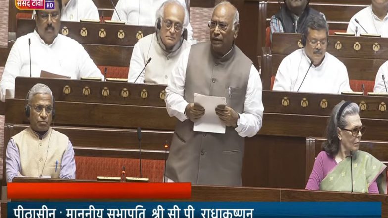 India News | Kharge Demands Employment Strategy, Fixed Annual Exam Calendar in Rajya Sabha; Slams Centre over Paper Leaks