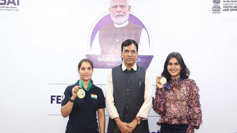 Sports News | Union Sports Minister Mandaviya Felicitates India's ISSF World Cup Gold Medalists Esha, Neeru