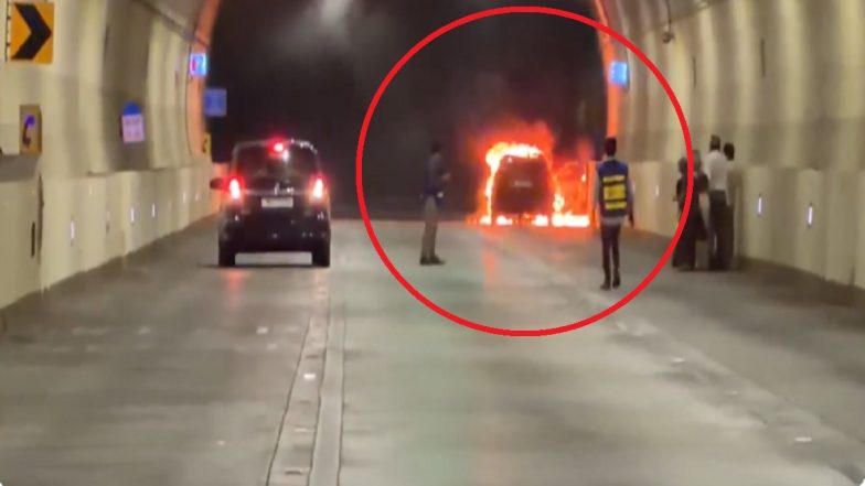 Mumbai Coastal Road Tunnel Fire: Moving Car Bursts Into Flames, Commuters Rush to Emergency Exits (Video)