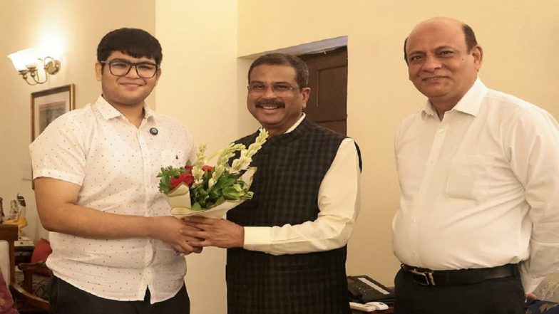 Dharmendra Pradhan Meets Panshul Bansal of Haryana Who Secured AIR 2 in NEET UG 2026 (See Pic)