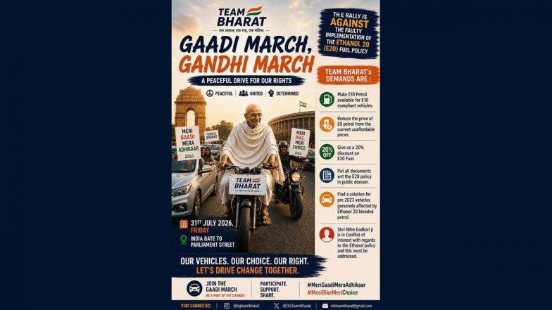 'Gaadi March, Gandhi March' in Delhi: Team Bharat Calls for Vehicle Protest on July 31 Against E20 Petrol Policy
