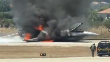 Greek F-16 Fighter Jet Bursts Into Flames After Emergency Landing in Zakynthos; Pilot Unharmed (Watch Video)