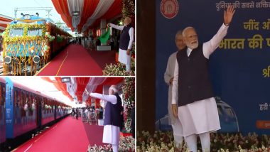 PM Narendra Modi Flags Off India&rsquo;s First Hydrogen-Powered Train, Marking Milestone in Green Rail Transport (Video)