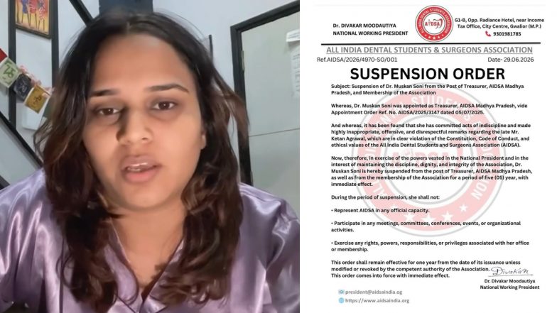 Muskan Soni Viral Video: AIDSA Revokes Membership of Madhya Pradesh Dentist for Mocking Ketan Agarwal Murder Case