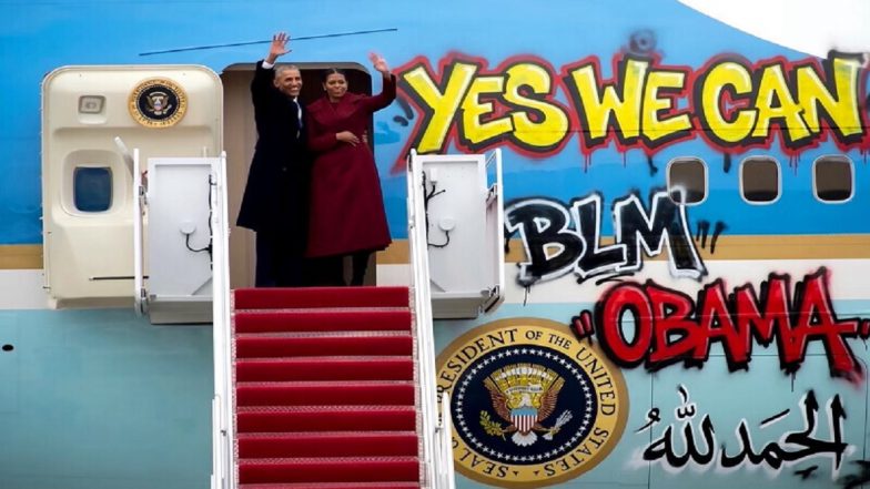 Donald Trump Shares AI-Generated Image of Barack and Michelle Obama With 'Alhamdulillah' Graffiti on Air Force One