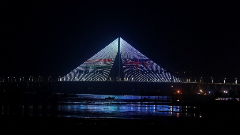 Mumbai's Bandra-Worli Sea Link Illuminated With India, UK Flags Ahead of Historic CETA Trade Deal (Video)