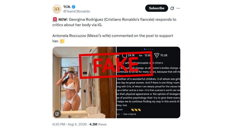 Did Lionel Messi's Wife Antonela Roccuzzo Comment on Cristiano Ronaldo's Fiancee Georgina Rodriguez's Post on Body Shaming? Fact Check Finds Claim Fake