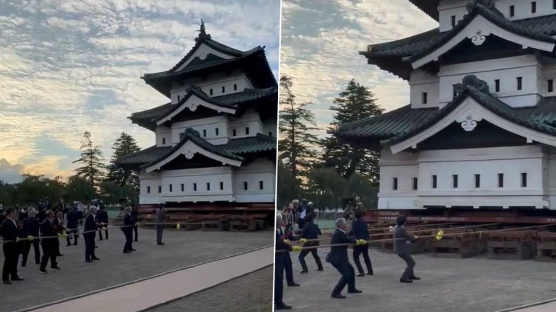 Viral Video Shows Hirosaki Castle Keep Being Pulled by 1,800 Volunteers in Japan, Know Why 360-Tonne Structure Is Being Moved