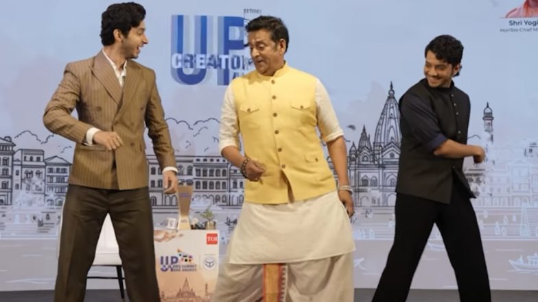 Ravi Kishan Recreates Viral &lsquo;Gucci&rsquo; Hook Step With Vishal Jethwa and Mihir Ahuja at UP Creators Summit (Watch Video)